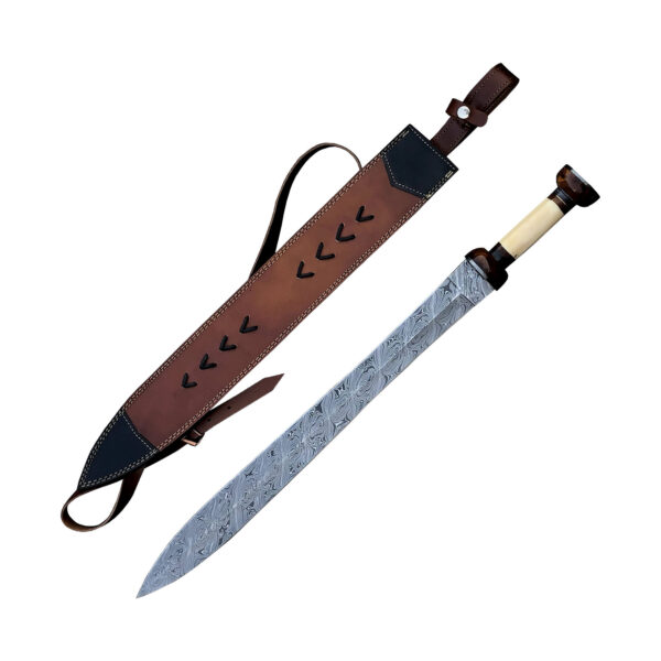 DAMASCUS ANTIQUE SWORD with Sheath, Custom Handmade Norse Sword Golden Brass tactical Sword Personalized Gift on Halloween and Christmas With Bone Handle - Image 6