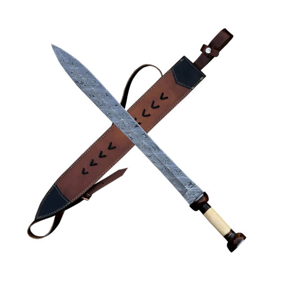 DAMASCUS ANTIQUE SWORD with Sheath, Custom Handmade Norse Sword Golden Brass tactical Sword Personalized Gift on Halloween and Christmas With Bone Handle - Image 7