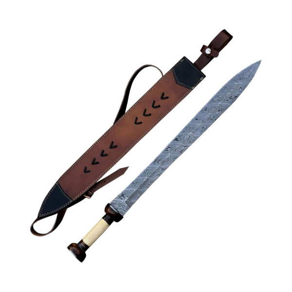 DAMASCUS ANTIQUE SWORD with Sheath, Custom Handmade Norse Sword Golden Brass tactical Sword Personalized Gift on Halloween and Christmas With Bone Handle - Image 8