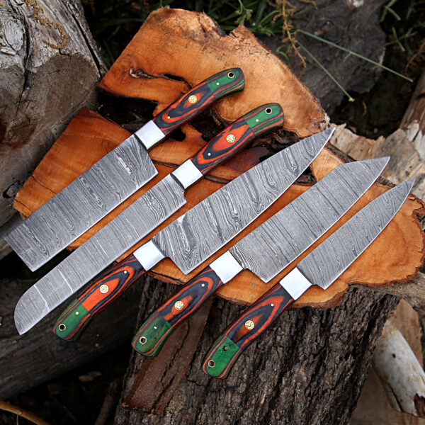 Professional Custom Hand Forged Handmade Premium Damascus Chef Knife set Of 5'Pcs, Kitchen Knife, Kitchen knives set, Damascus Knife Set - Image 5