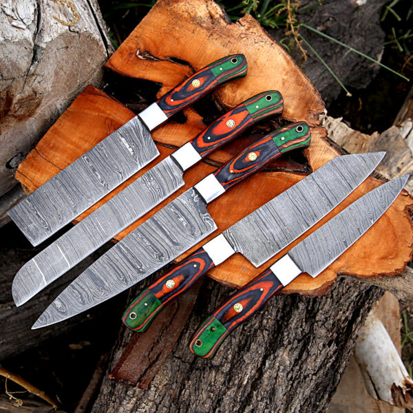 Professional Custom Hand Forged Handmade Premium Damascus Chef Knife set Of 5'Pcs, Kitchen Knife, Kitchen knives set, Damascus Knife Set - Image 6