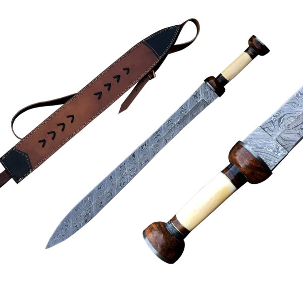 DAMASCUS ANTIQUE SWORD with Sheath, Custom Handmade Norse Sword Golden Brass tactical Sword Personalized Gift on Halloween and Christmas With Bone Handle
