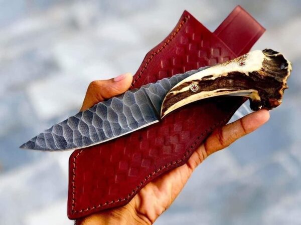 DAMASCUS HUNTING KNIFE STAG ANTLER HANDLE BOWIE KNIFE HANDMADE KNIFE WITH SHEATH