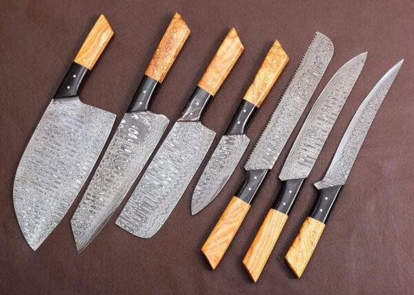 Damascus Chef Set Of 7 Pieces ,Custom Handmade Chef Set , Handmade Damascus Chef Set ,Personalized Gift For Mother