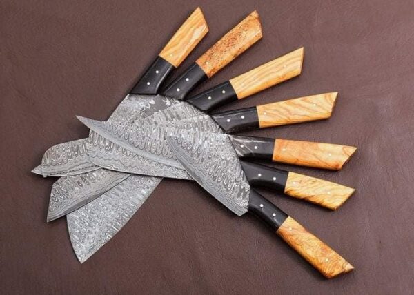 Damascus Chef Set Of 7 Pieces ,Custom Handmade Chef Set , Handmade Damascus Chef Set ,Personalized Gift For Mother - Image 2
