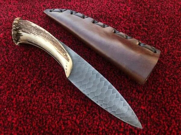 DAMASCUS HUNTING KNIFE STAG ANTLER HANDLE BOWIE KNIFE HANDMADE KNIFE WITH SHEATH - Image 5