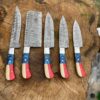 CUSTOM HAND FORGED DAMASCUS STEEL CHEF KNIFE SET OF 5 KITCHEN KNIVES FLAG HANDLE